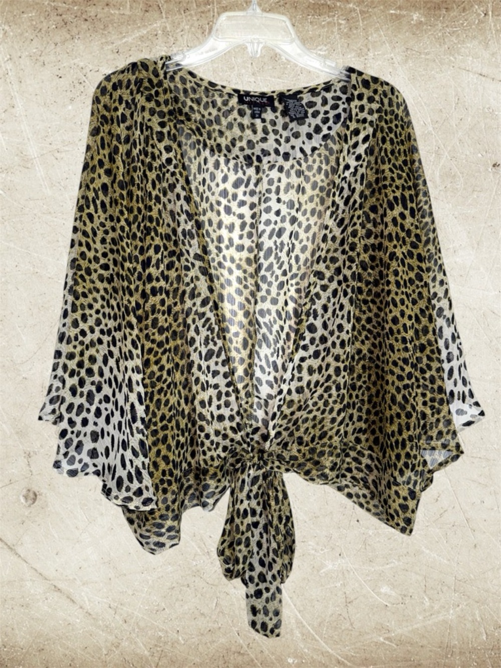 Unique Spectrum Leopard-Print Sheer Tie Front Kimono Style Cardigan 3X